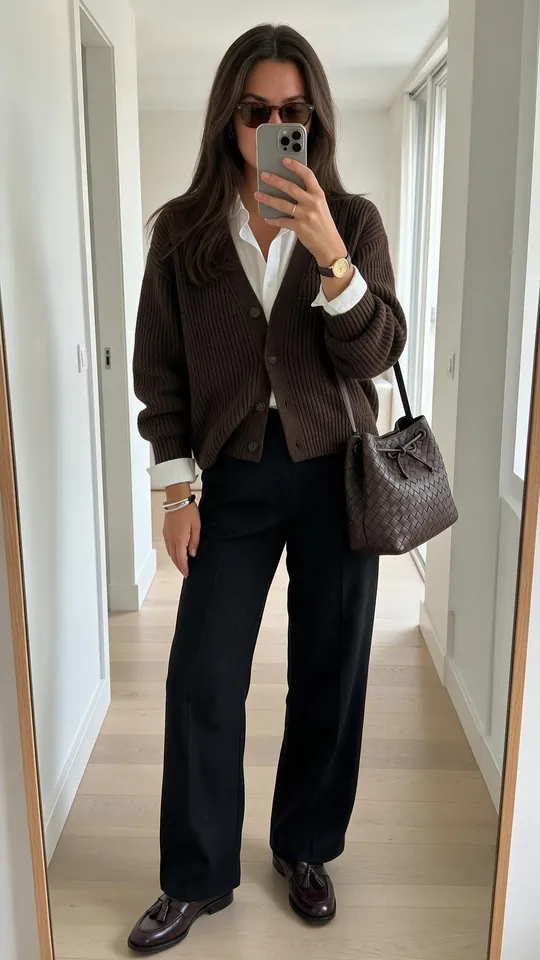 Old Money outfit: brown knit cardigan over a white shirt, black wide-leg trousers, loafers and a woven leather bag