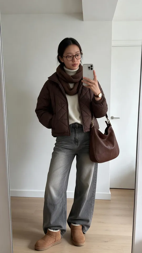 Stockholm style outfit: brown quilted jacket, chunky scarf, grey wide-leg jeans and suede boots