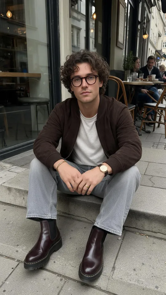 Stockholm style men's outfit: brown cardigan, white T-shirt, light jeans and chunky leather boots