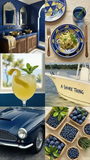 Mediterranean moodboard: blue tiles, lemon cocktail, classic car and a boat