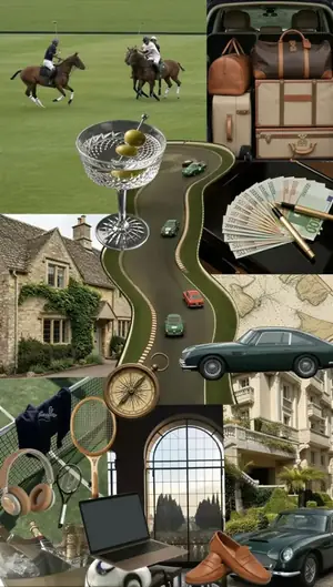 Old Money moodboard: polo, an English country house, vintage cars and leather luggage