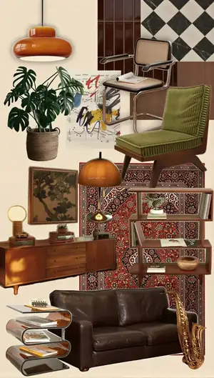 Vintage interior moodboard: leather sofa, green armchair and mid-century furniture