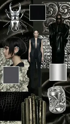 Dark Aesthetic moodboard: black leather, chrome and sleek black tailoring
