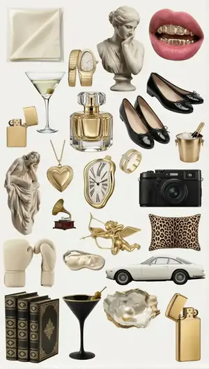 Parisian chic moodboard: perfume, ballet flats, gold jewellery, a martini and classical sculpture