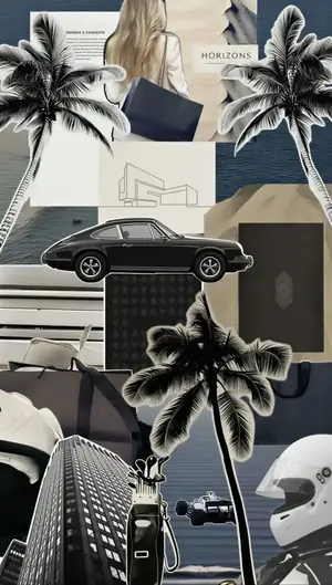 Coastal moodboard: palm trees, a classic Porsche, navy tailoring and modern architecture